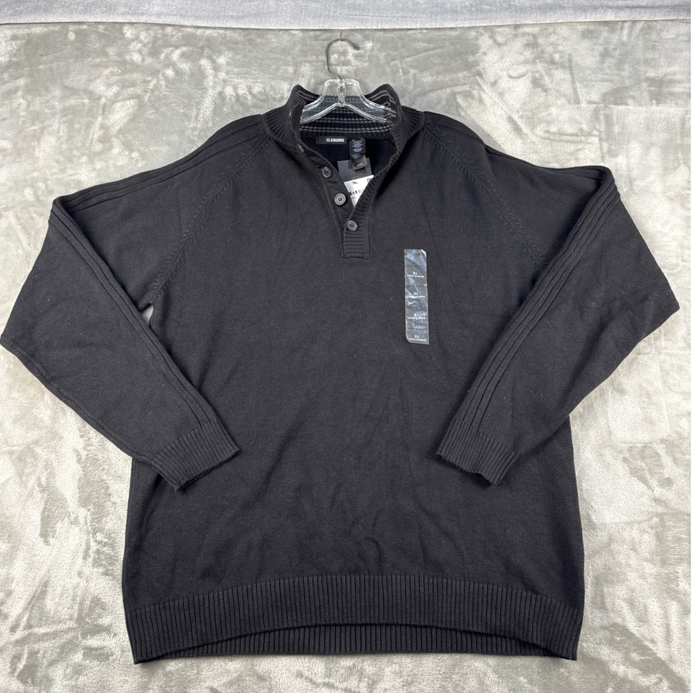 Claiborne Sweater Mens XL Essentials Black‎ Button-down Mock Neck Cotton NEW